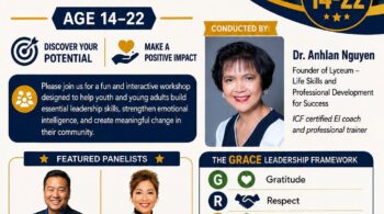 Flyer for Youth Leadership Training, ages 14-22, Saturday August 29 2026, 10am-3pm, Alma Community Center, San Jose. Includes QR code to register.