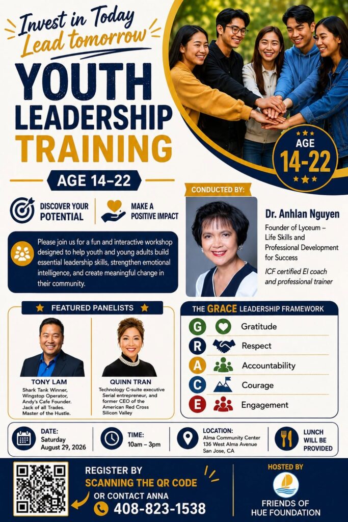 Youth Leadership Training — San Jose, August 29, 2026 Flyer for Youth Leadership Training, ages 14-22, Saturday August 29 2026, 10am-3pm, Alma Community Center, San Jose. Includes QR code to register.