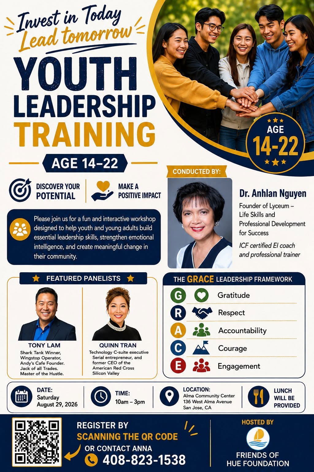 Flyer for Youth Leadership Training, ages 14-22, Saturday August 29 2026, 10am-3pm, Alma Community Center, San Jose. Includes QR code to register.